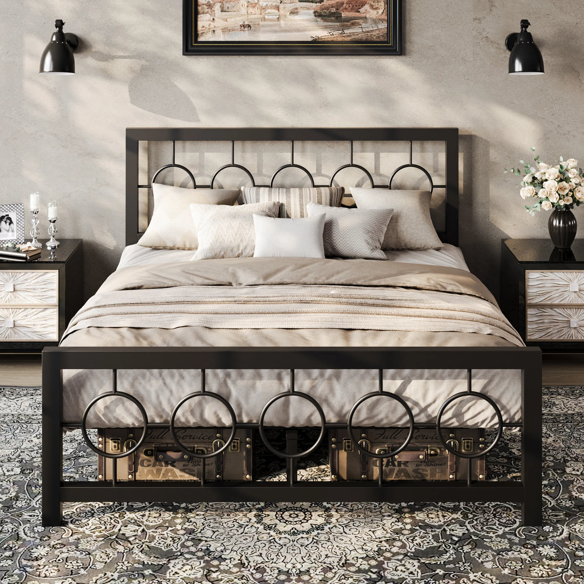 Metal Platform Bed Frame with Vintage Circular Design Headboard and Footboard,