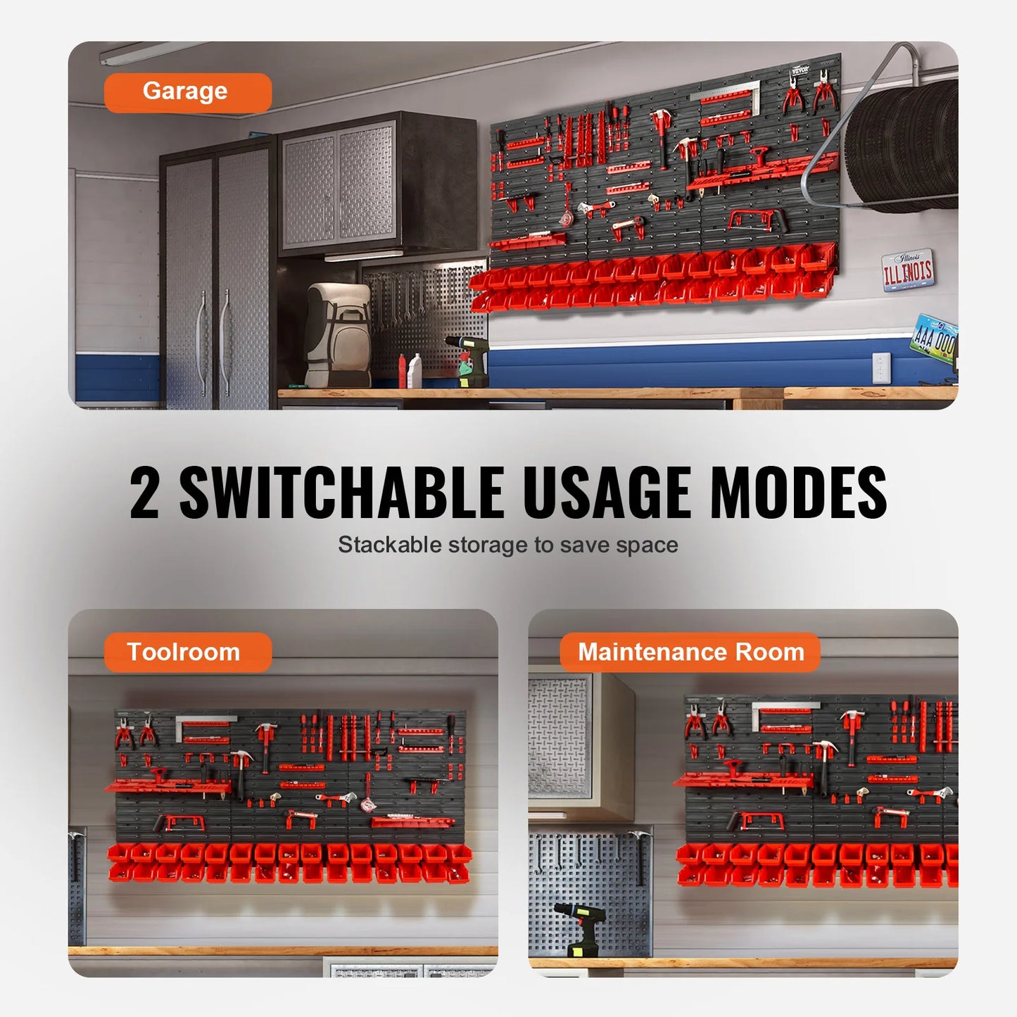 Wall Mounted Storage Bins Parts Rack Organizer Garage with Wall Panels Hooks Plastic Shop Tool