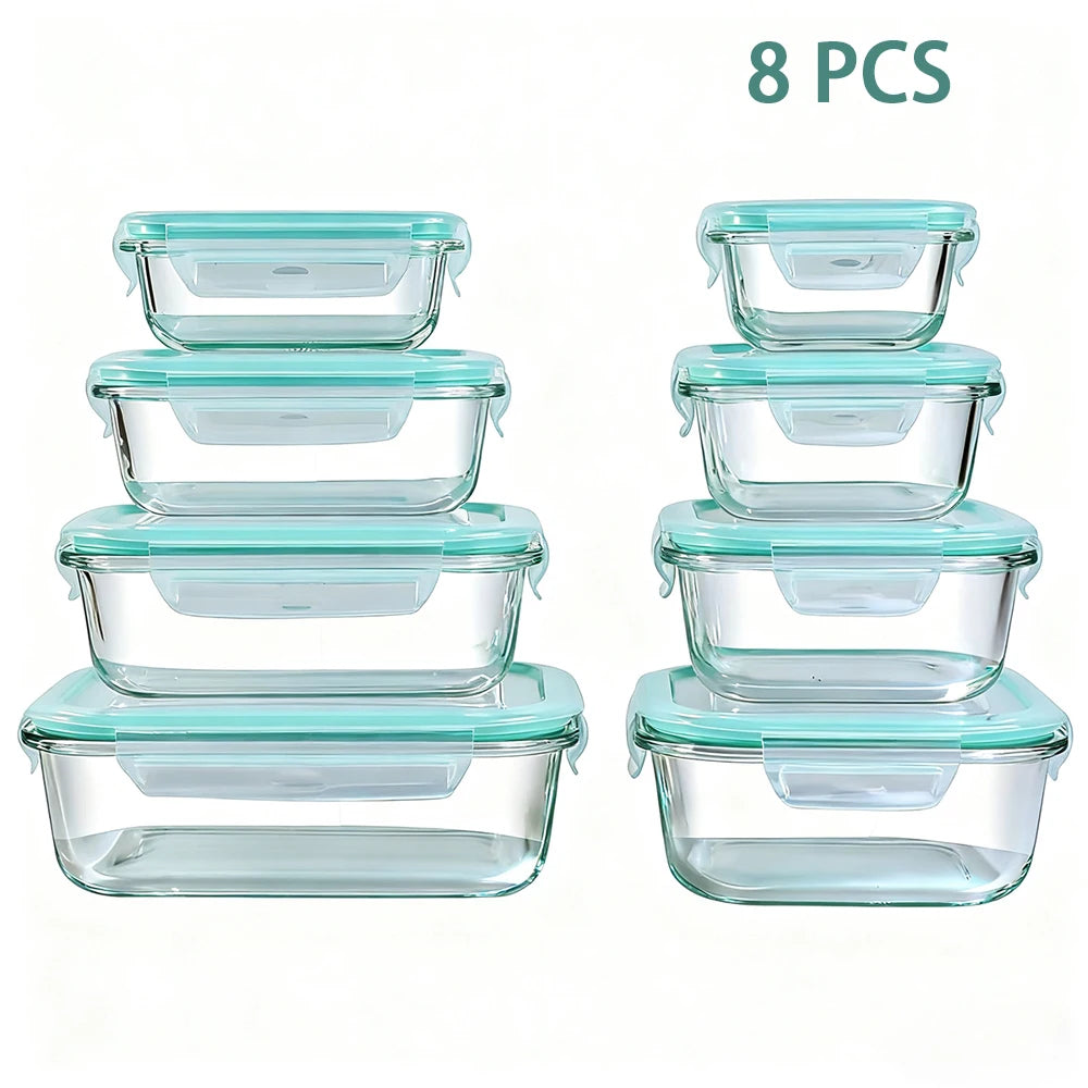 8pcs Glass Food Storage Containers Set Lunch Box Leakproof Airtight Microwave & Oven Safe