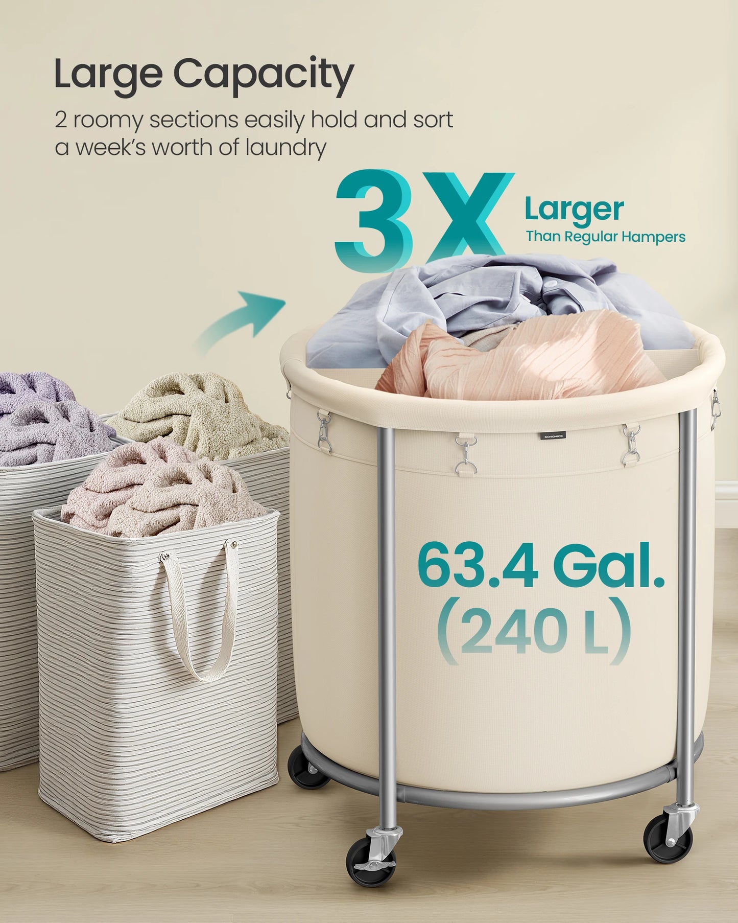 Laundry Basket with Wheels, Rolling Round Heavy-Duty Laundry Hamper Cart with Steel Frame