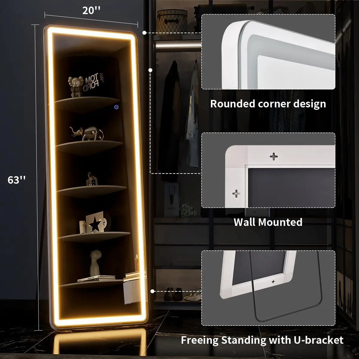 63"x20" Full Length Body Mirror with stand and LED with Dimming.