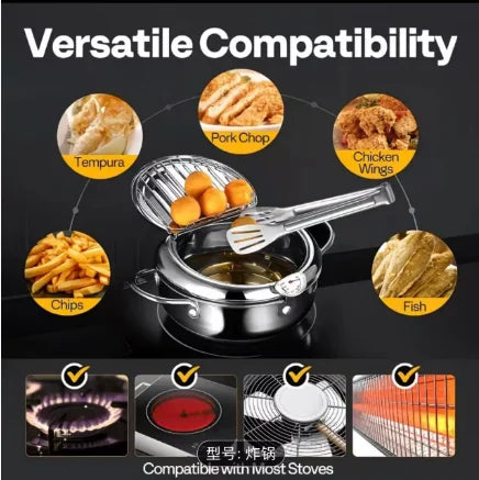 Deep Fryer Pot Stainless Steel with Built-in Thermometer & Oil Drip Rack, Non-Stick, Safe for Gas & Induction Cookers