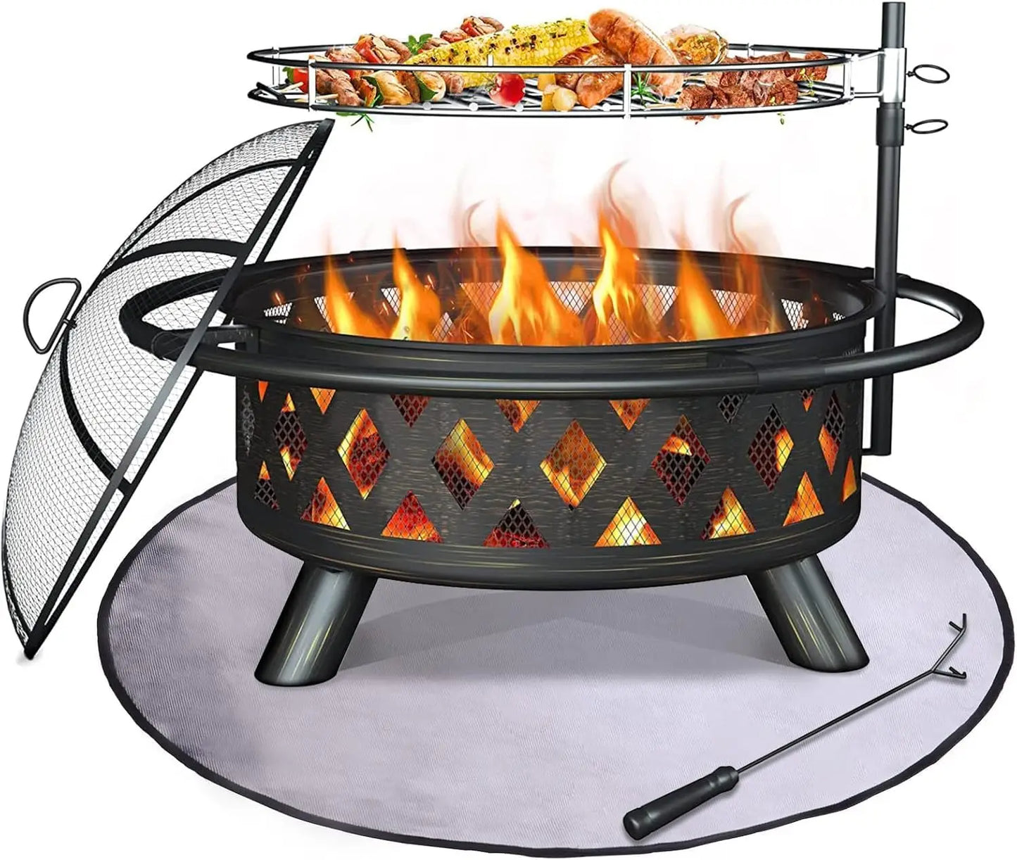Wood Burning Fire Pit - Steel BBQ Grill Grate Spark Screen Poker Lid for Patio Backyard Camping