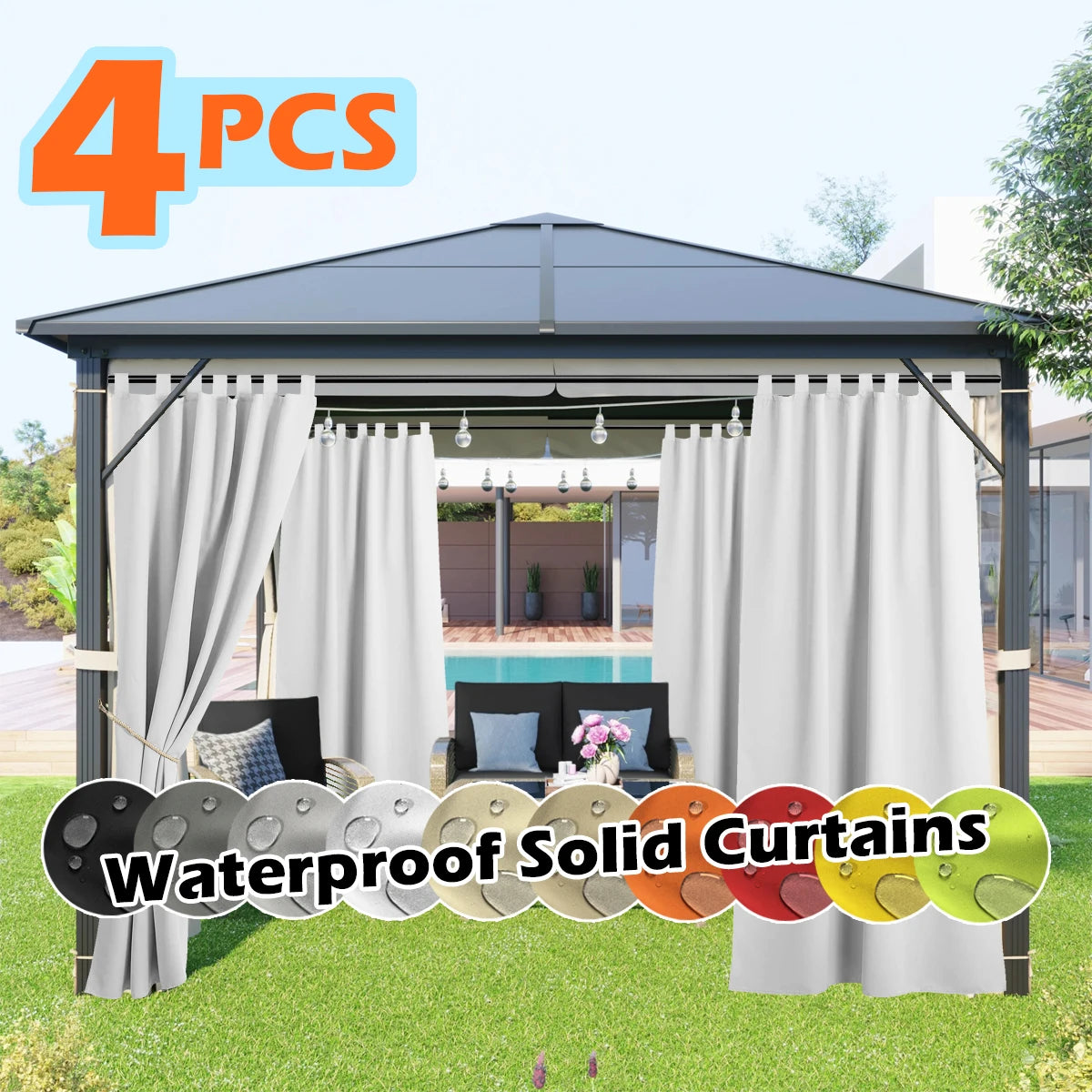 4 Panels Outdoor Curtains, Waterproof & UV-Resistant Tab Top Design