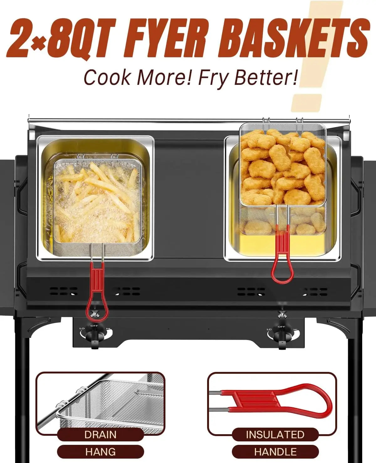 Outdoor Propane Deep Fryer with Cover, Tongs, Dual-Tank Commercial Fryer, 2x8QT Stainless Steel Pots with Baskets & Lids,