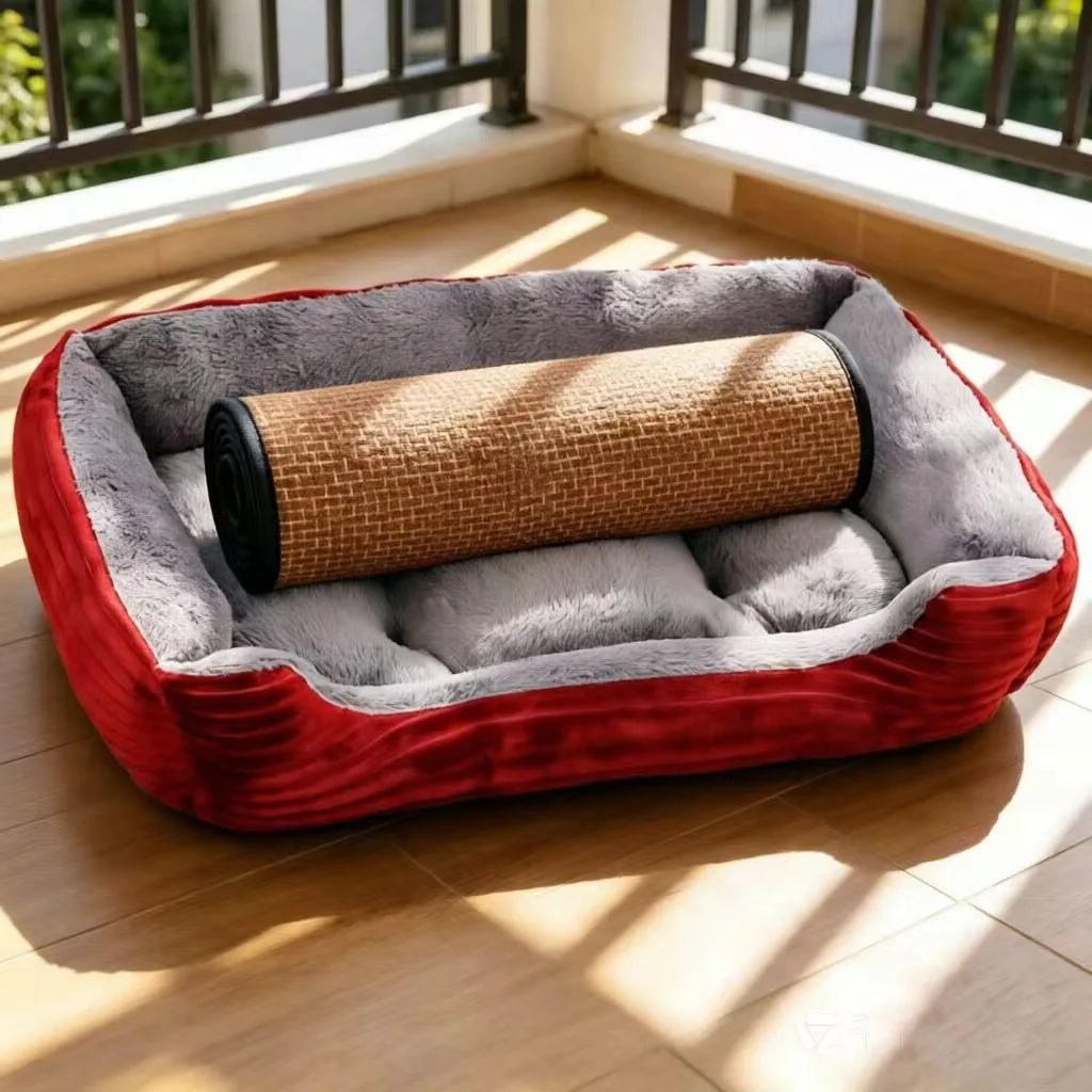 2-Piece Set of All-Season Pet Supplies, Corduroy Dog Bed and Cat Bed with Cooling Mat