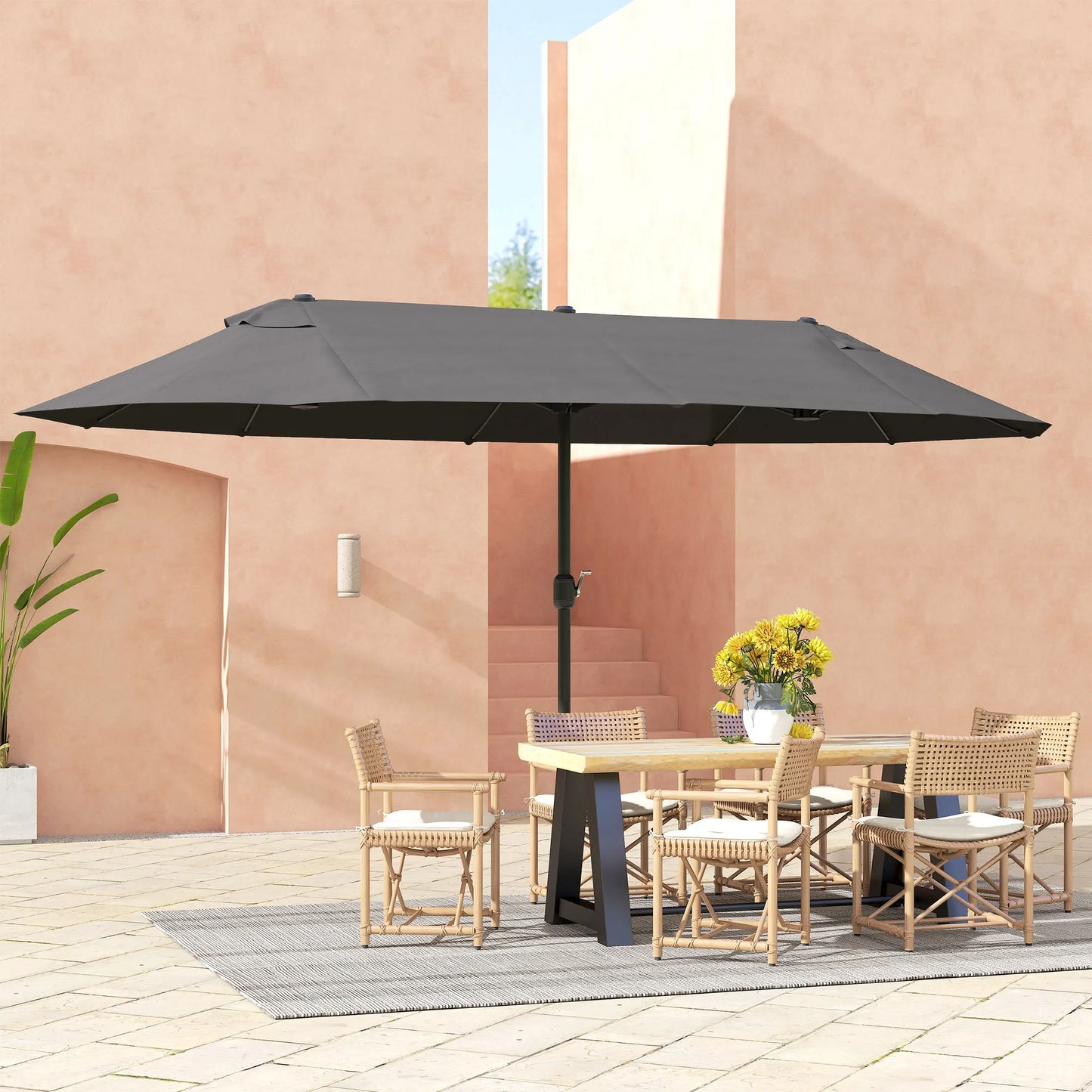 Extra Large 15' Patio Umbrella, Double-Sided Outdoor Pool Umbrella with Crank Handle, Gray