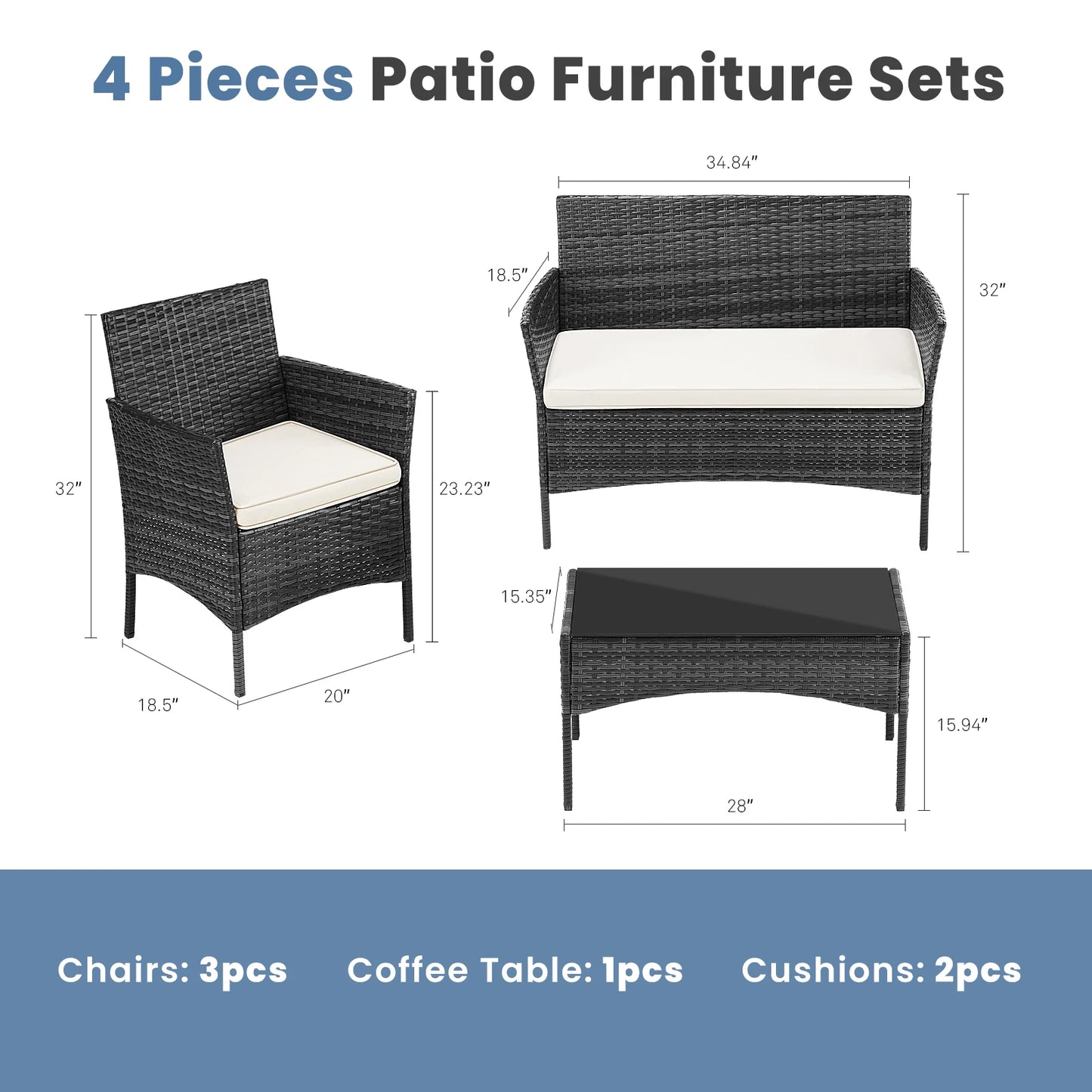 4 Piece Outdoor Patio Furniture Set with Soft Cushion and Glass Table Manual Weaving Wicker chairs