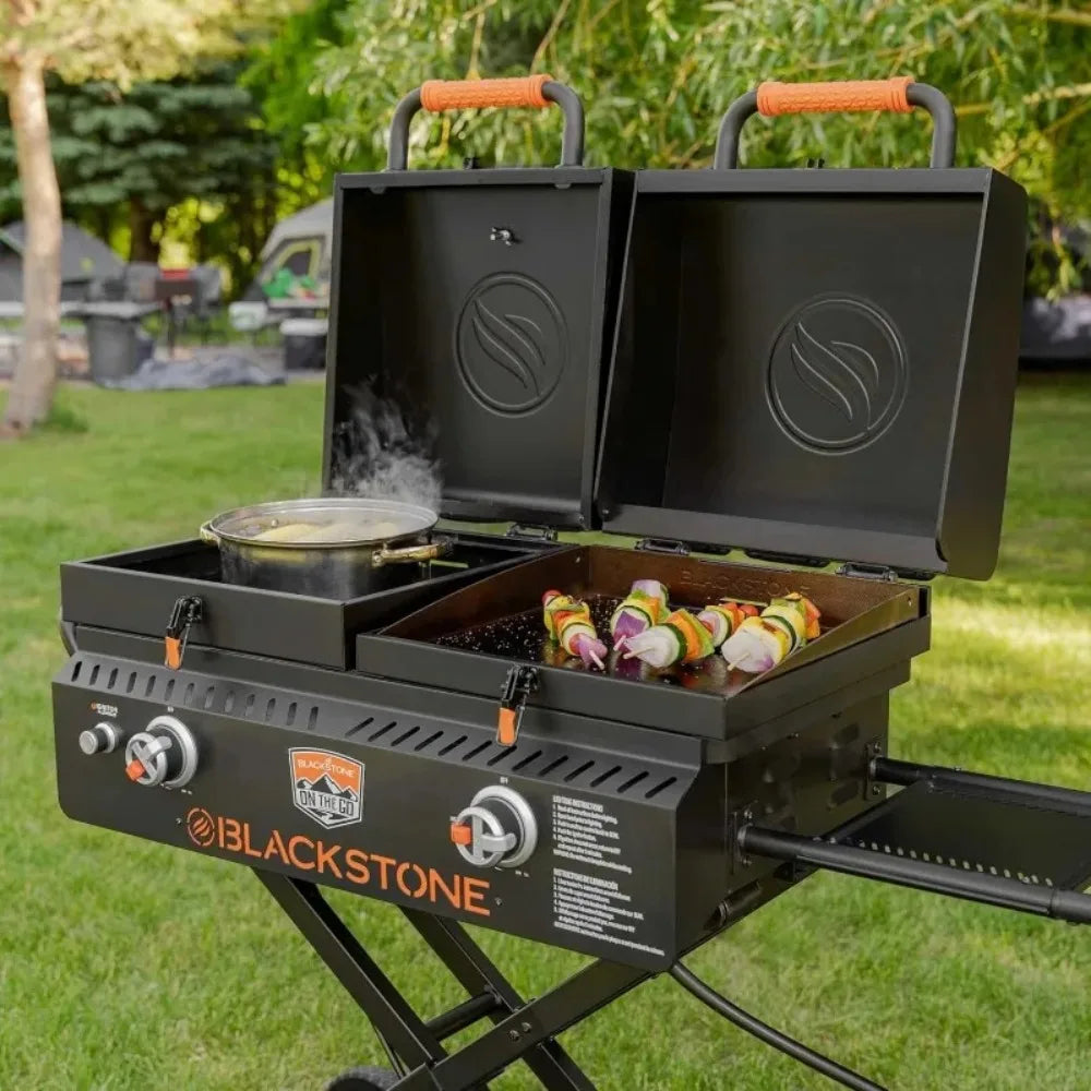 Go Combo with Wheels, Legs Hood & Side Shelf-Heavy Duty Flat Top Portable BBQ Griddle Grill Station for Kitchen