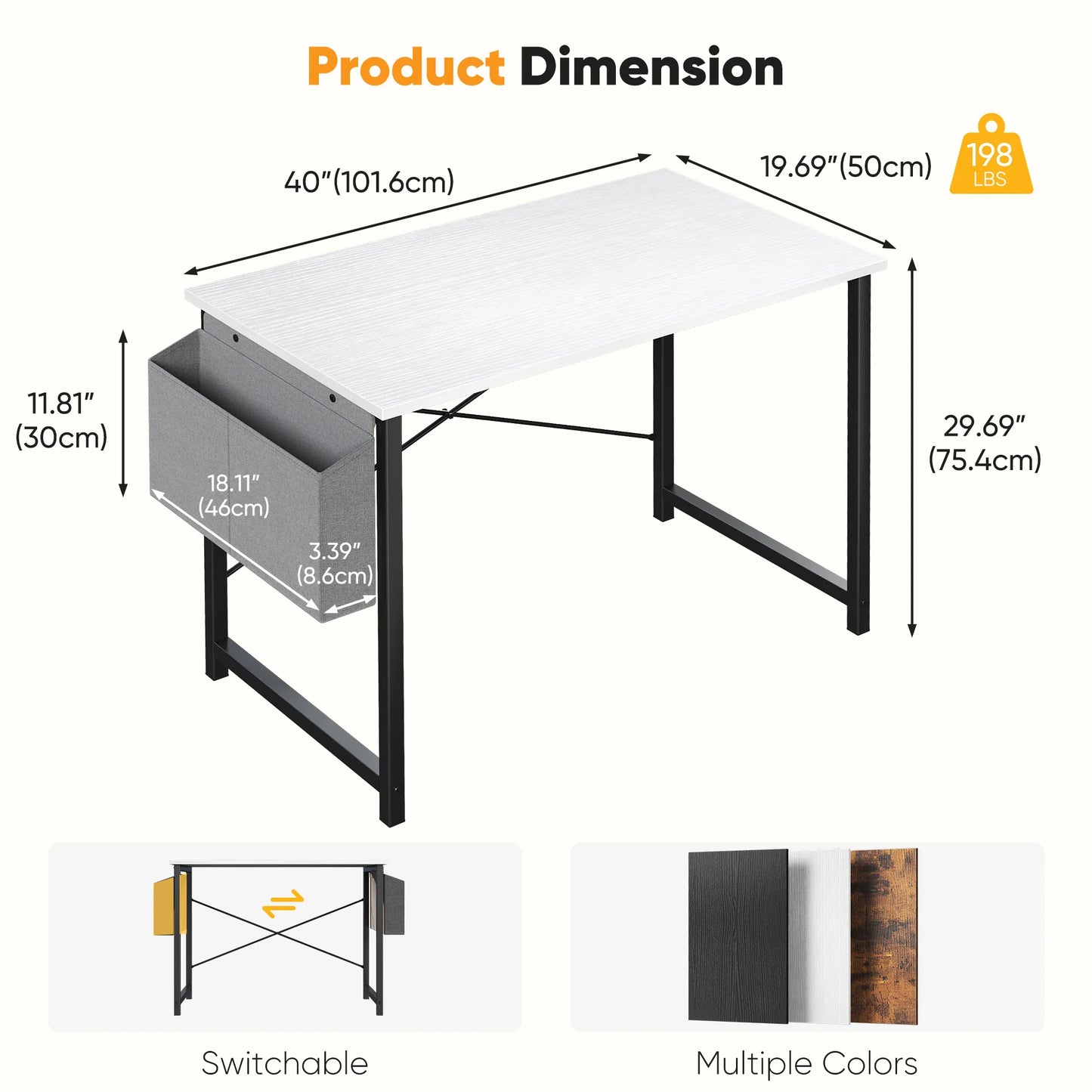 Computer Office Desk Writing Study Gaming Table with Storage Bag Metal Frame Wood Tabletop Easy Assembly