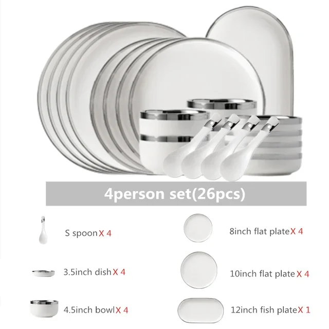 White Ceramic Plates With Silver Steak Serving Plate Bowls Ins Dinnerware set