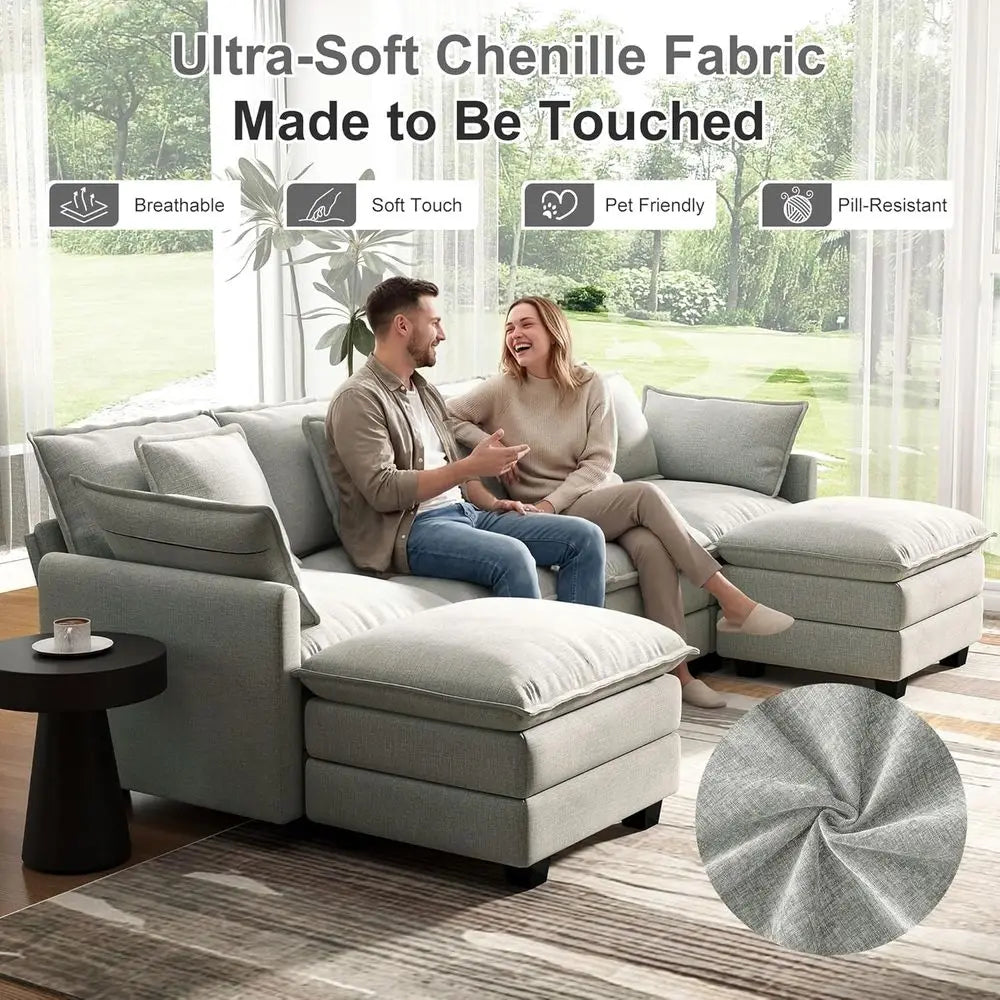Cloud Couch Sectional Seat Deep Seat Couch with 6 Removable Washable Pillows and 2 Ottoman