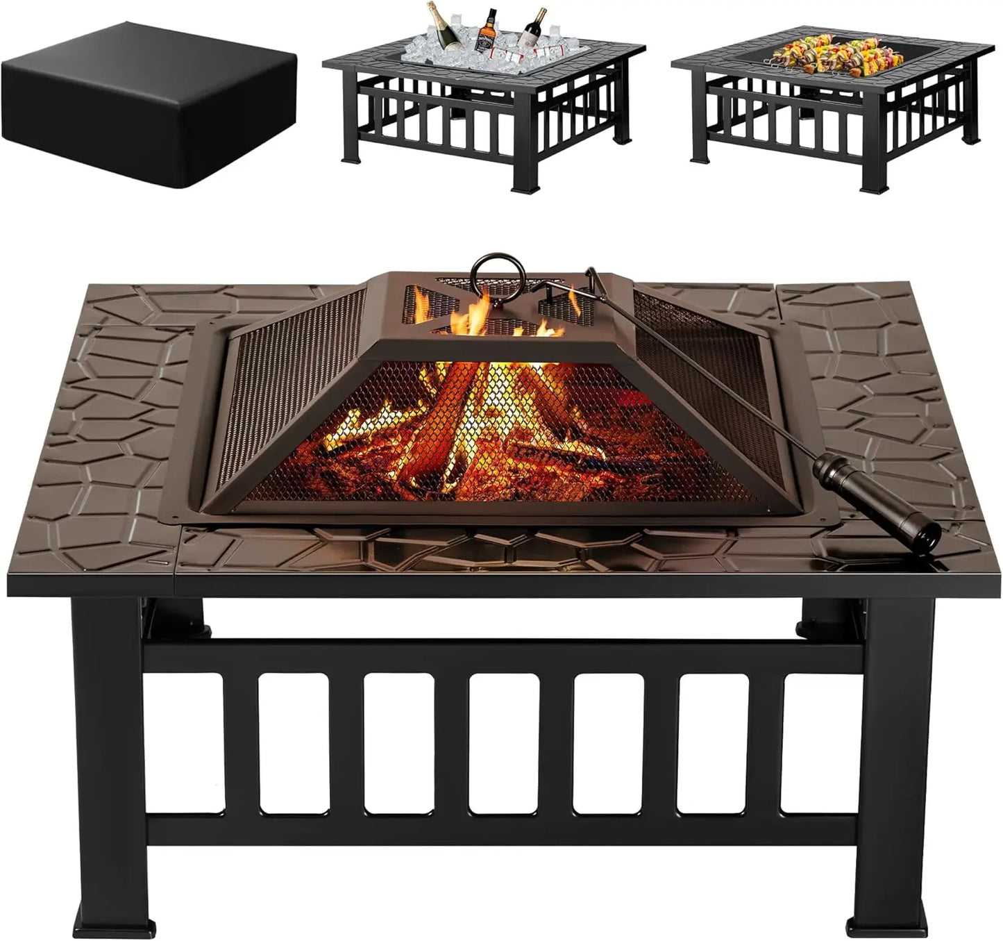 Outdoor Fire Pit, 32 Inch Table Metal Outdoor Fireplaces with Waterproof Cover (Black)