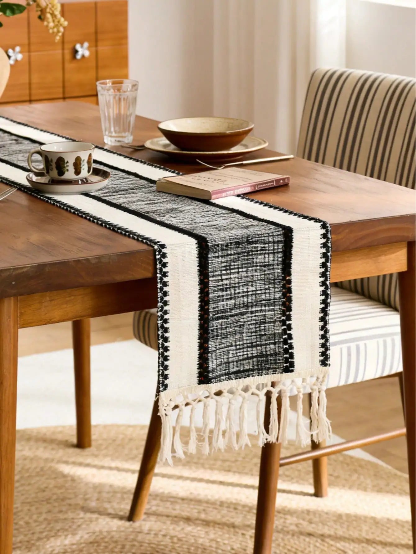 khaki Macrame- Farmhouse Table Runner Design Durable Fabric
