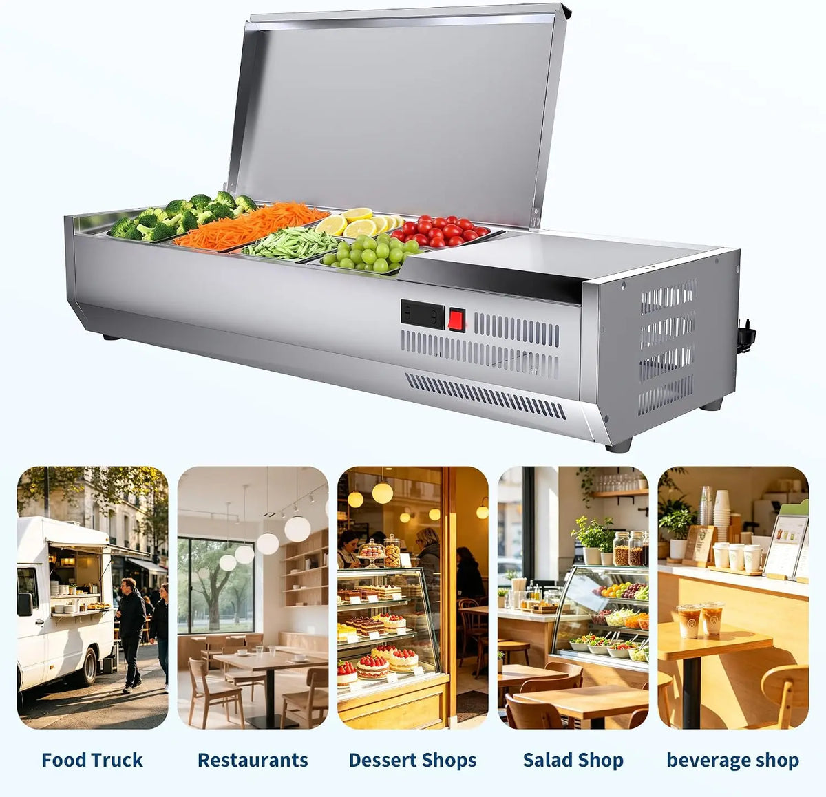 45” Commercial Refrigerated Condiment Prep Station Refrigerator 135W Countertop Refrigerated Salad Bar