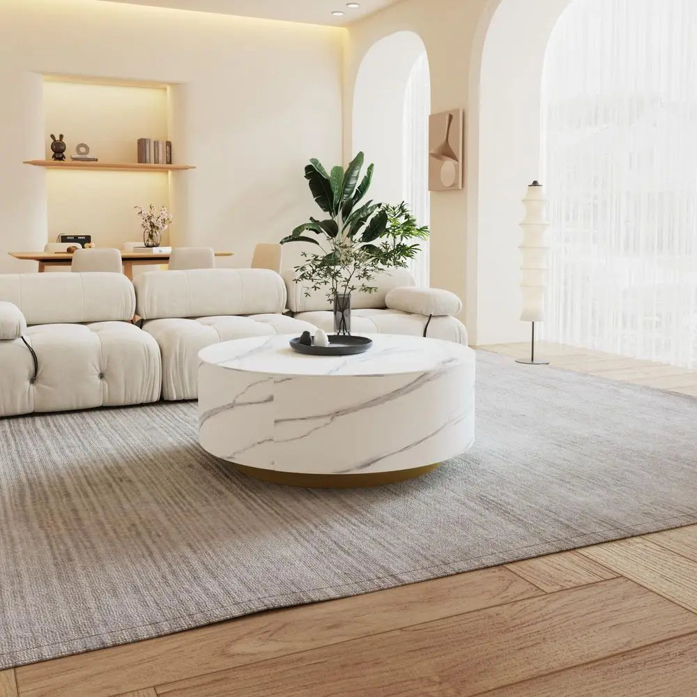 Round Coffee Table with 2 Drawers, Sintered Stone Tabletop and Golden Base, Center Table