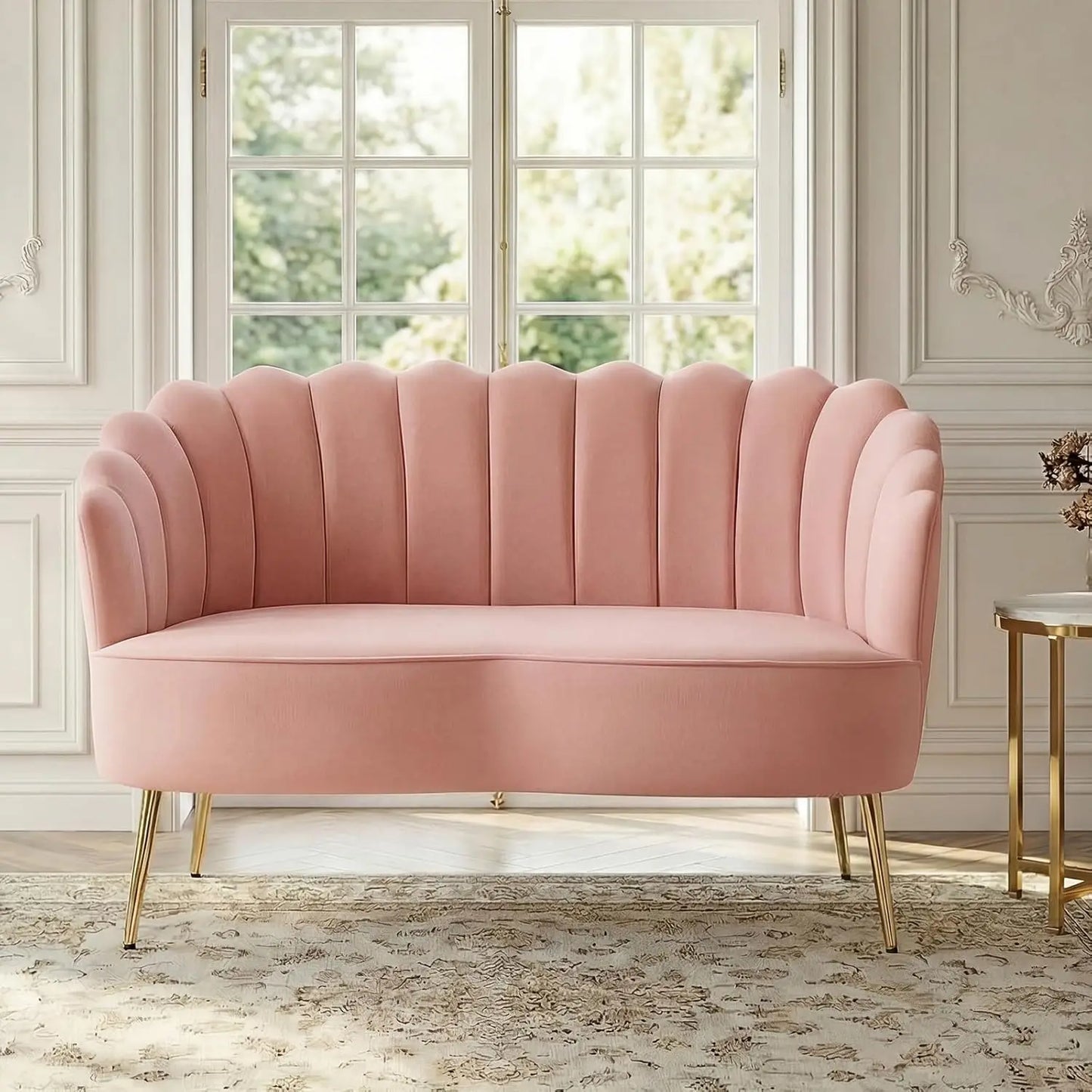 Velvet Loveseat Gold Metal Legs Modern Flower Back 2-Seater