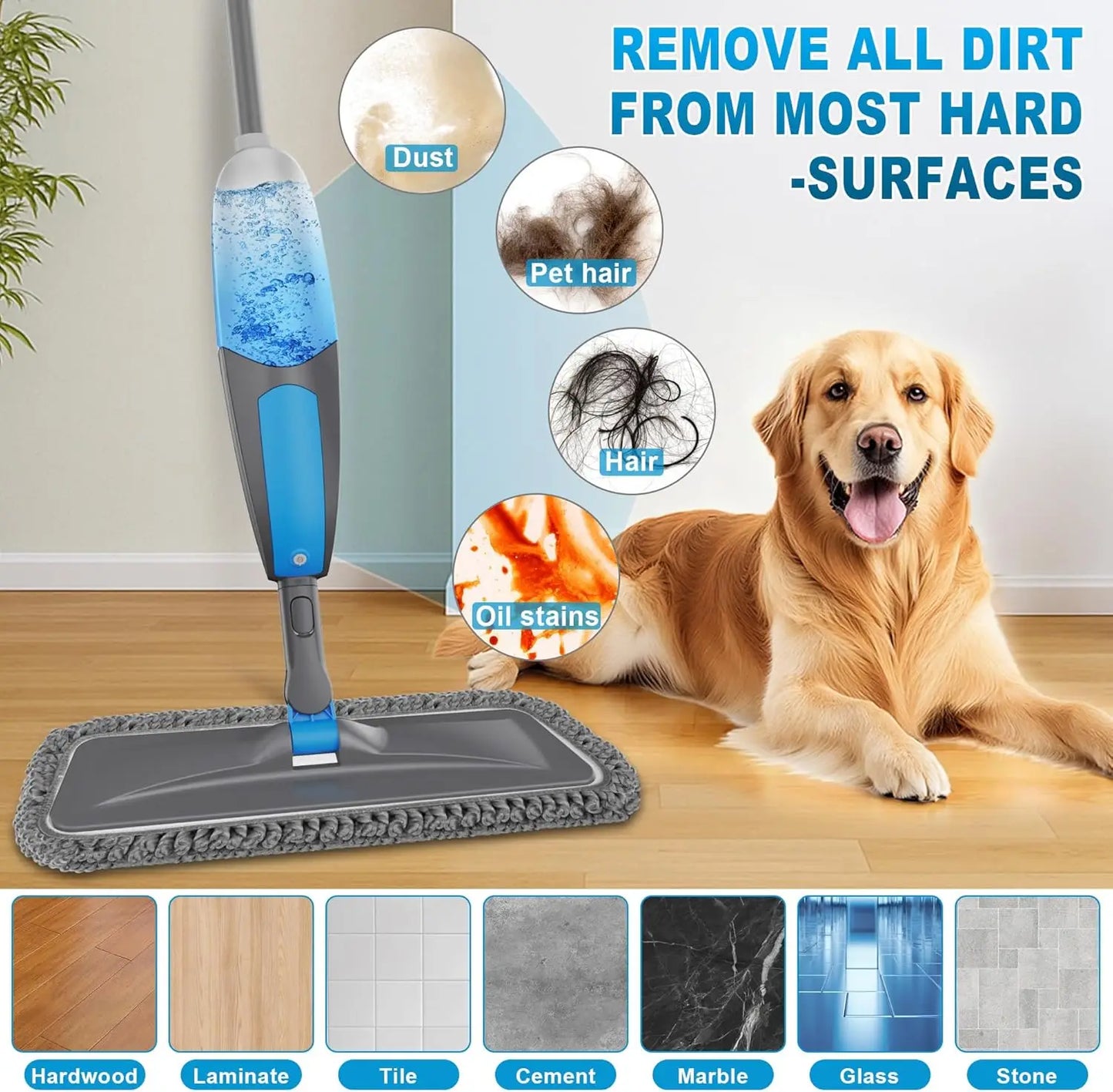 Spray Mop for Multi-Surface Cleaning with Washable Pads, 360° Swivel Head