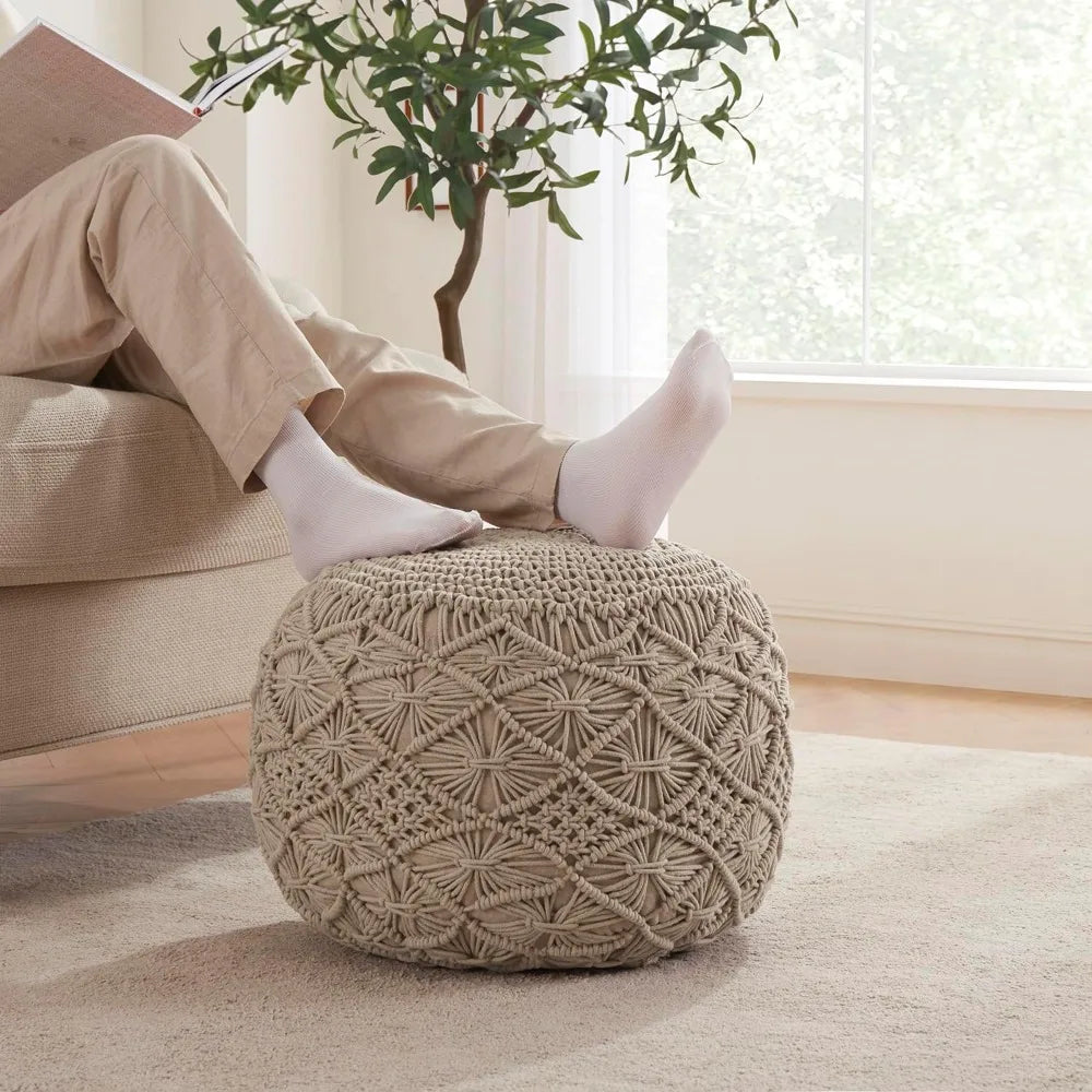 Hand Knitted Cotton Pouf Ottoman Foot Rest - Boho Round Stuffed for Living Room Bedroom Beige