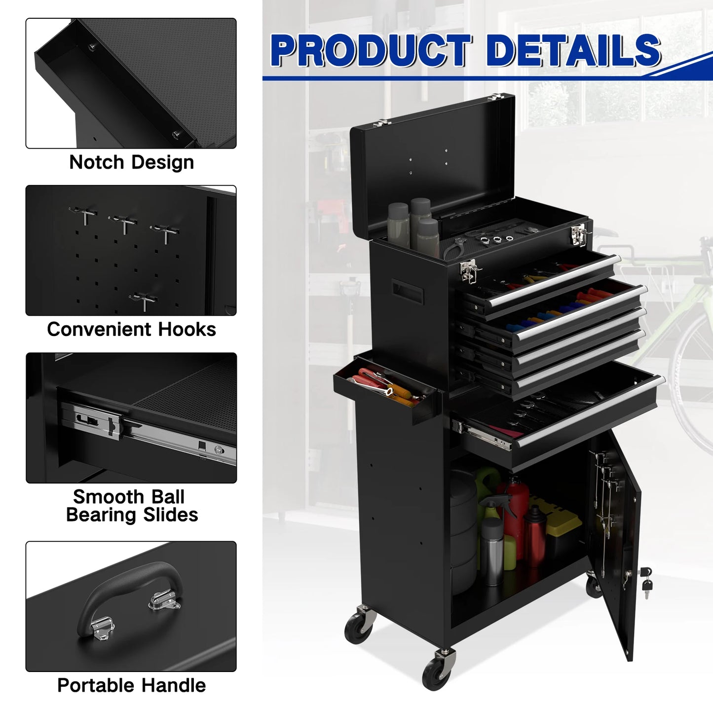Tool Cabinet with Universal Lockable Wheels with Detachable Top Box for Workshop