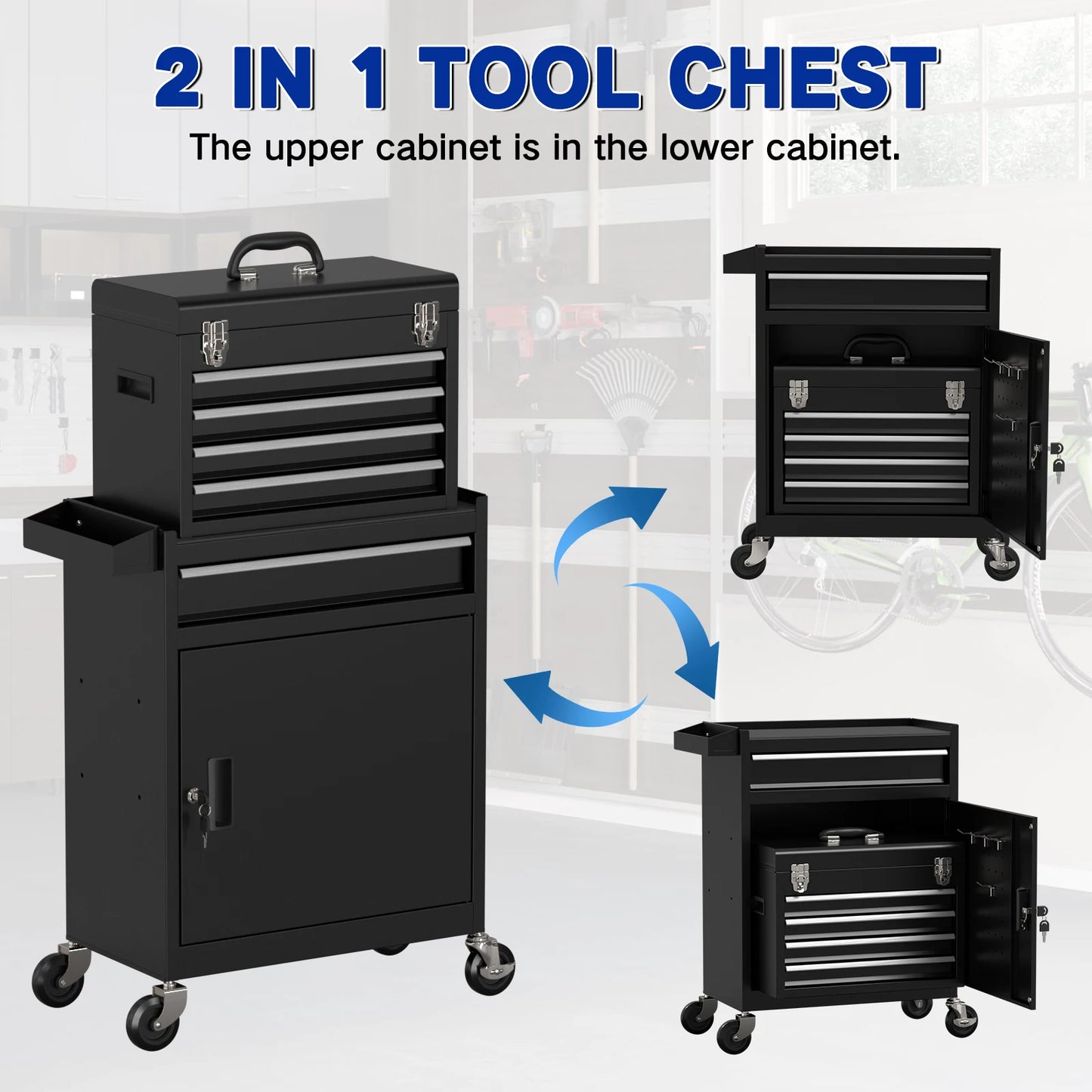 Tool Cabinet with Universal Lockable Wheels with Detachable Top Box for Workshop