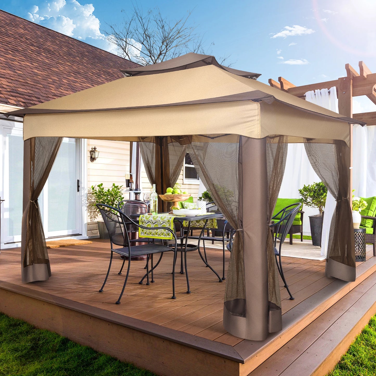11x11ft Pop Up Pavilion with Mosquito Netting Outdoor Canopy Tent with Carry Bag