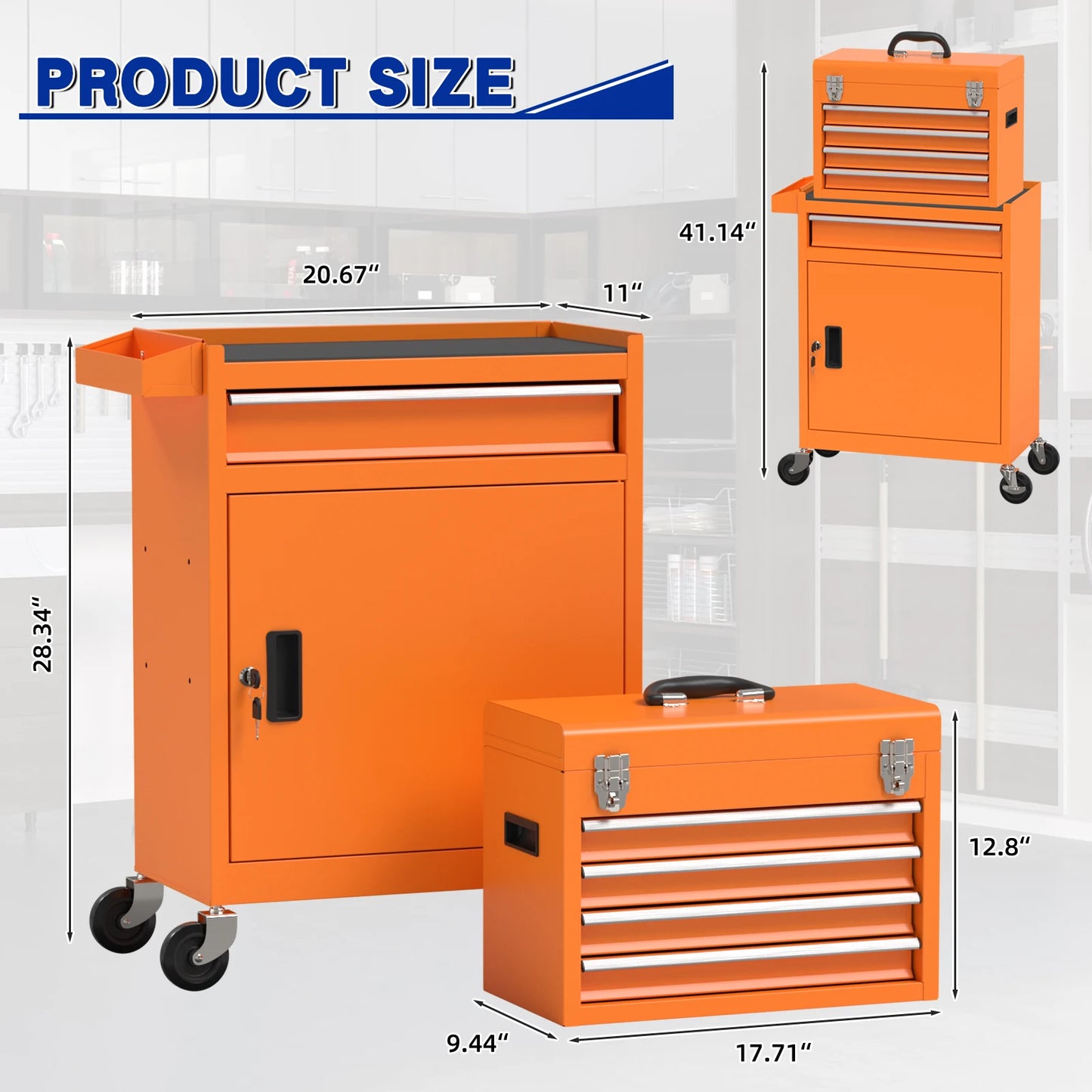 Tool Cabinet with Universal Lockable Wheels with Detachable Top Box for Workshop