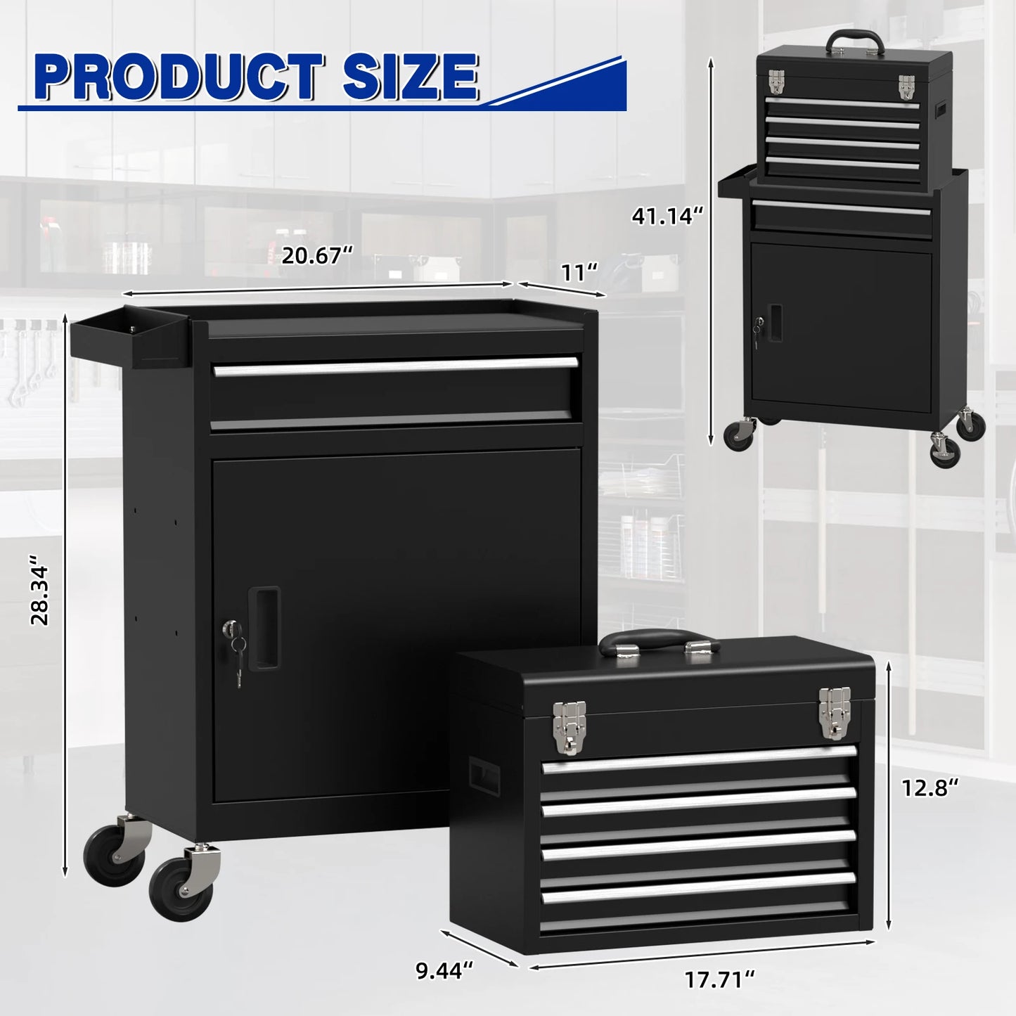 Tool Cabinet with Universal Lockable Wheels with Detachable Top Box for Workshop