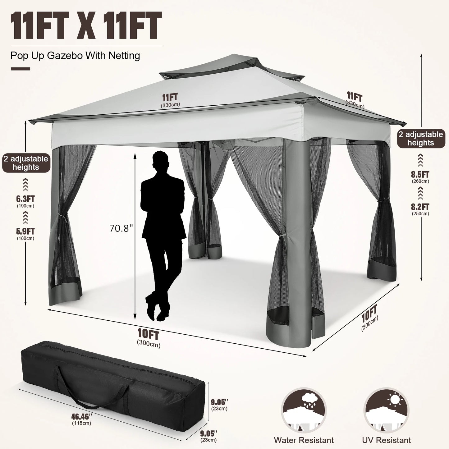 11x11ft Pop Up Pavilion with Mosquito Netting Outdoor Canopy Tent with Carry Bag