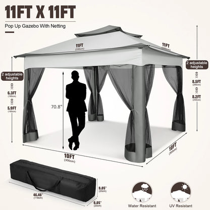 11x11ft Pop Up Pavilion with Mosquito Netting Outdoor Canopy Tent with Carry Bag