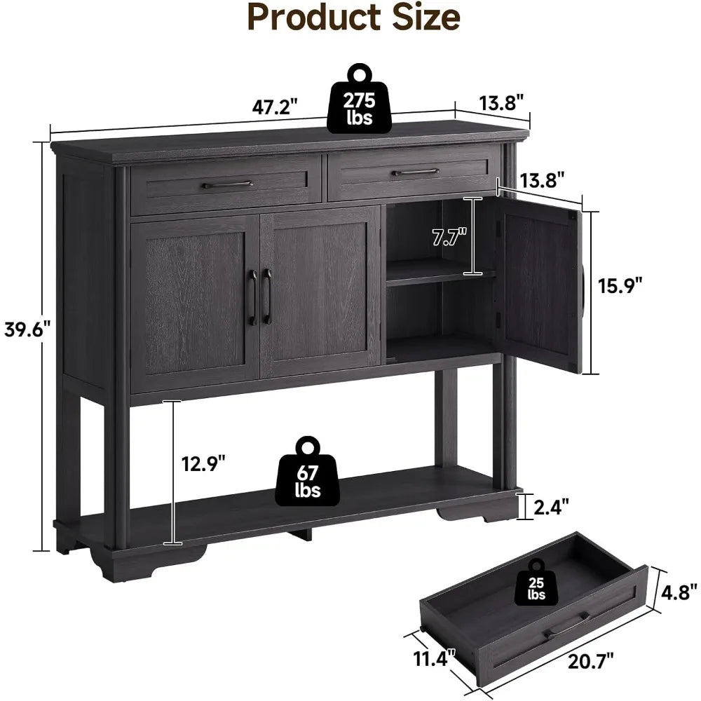 47.2 Inches Farmhouse Buffet Cabinet w/2 Drawers and 3 Doors, Open Storage Shelf, Adjustable Shelves