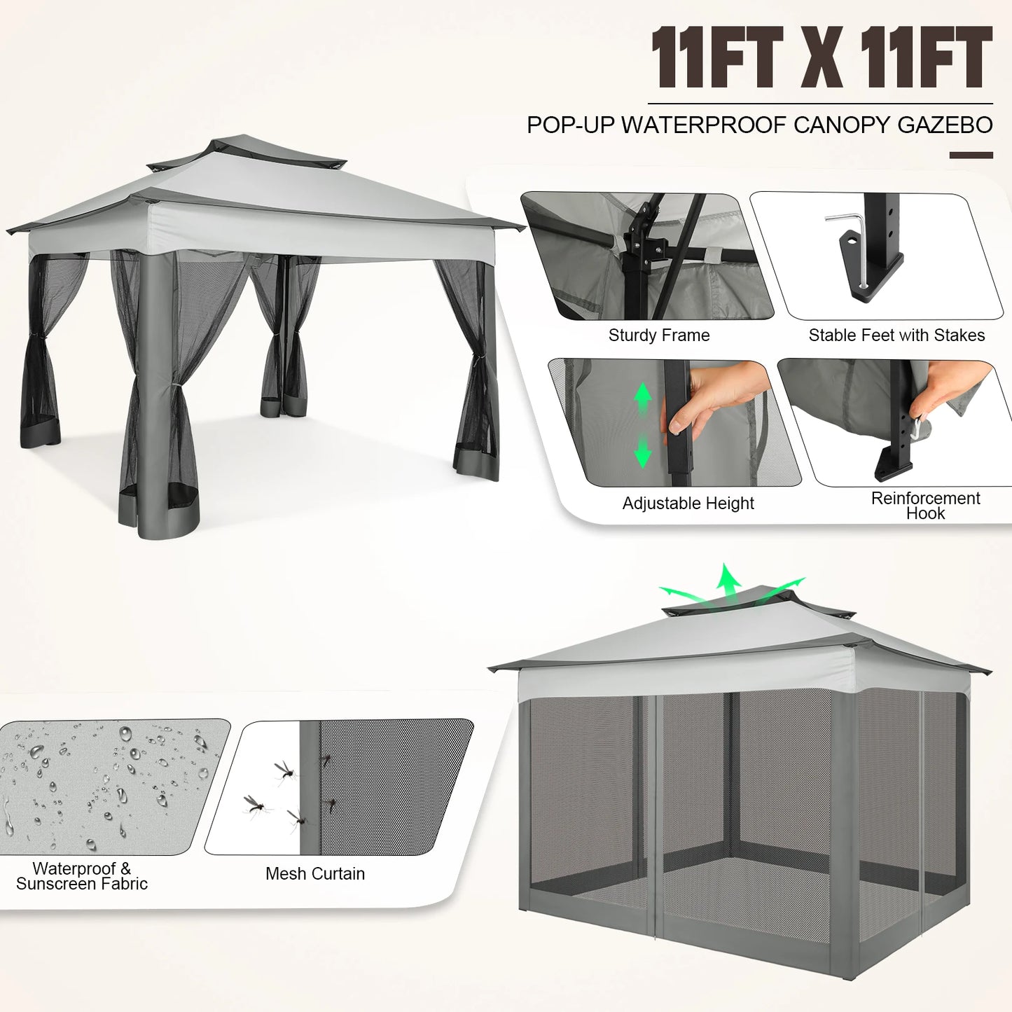 11x11ft Pop Up Pavilion with Mosquito Netting Outdoor Canopy Tent with Carry Bag