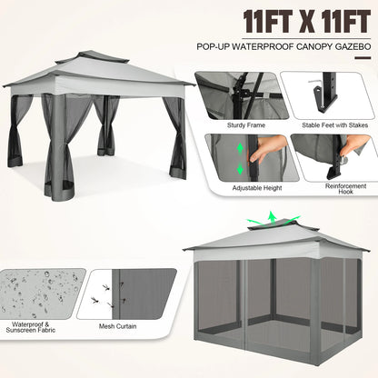 11x11ft Pop Up Pavilion with Mosquito Netting Outdoor Canopy Tent with Carry Bag