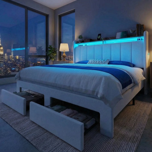 Bed Frame, 2 Storage Drawers/2-Tier Shelves with LED Lights & Charging Station, No Box Spring Need, Full/Queen/King