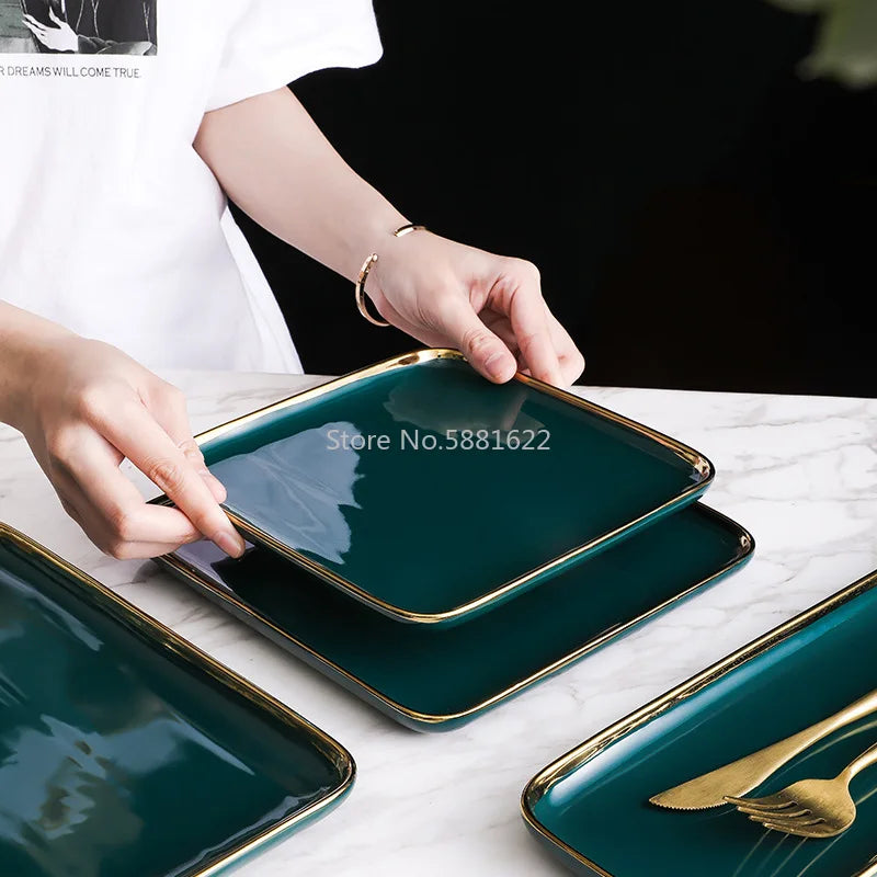 Tableware Green Ceramic gold Dinner Set