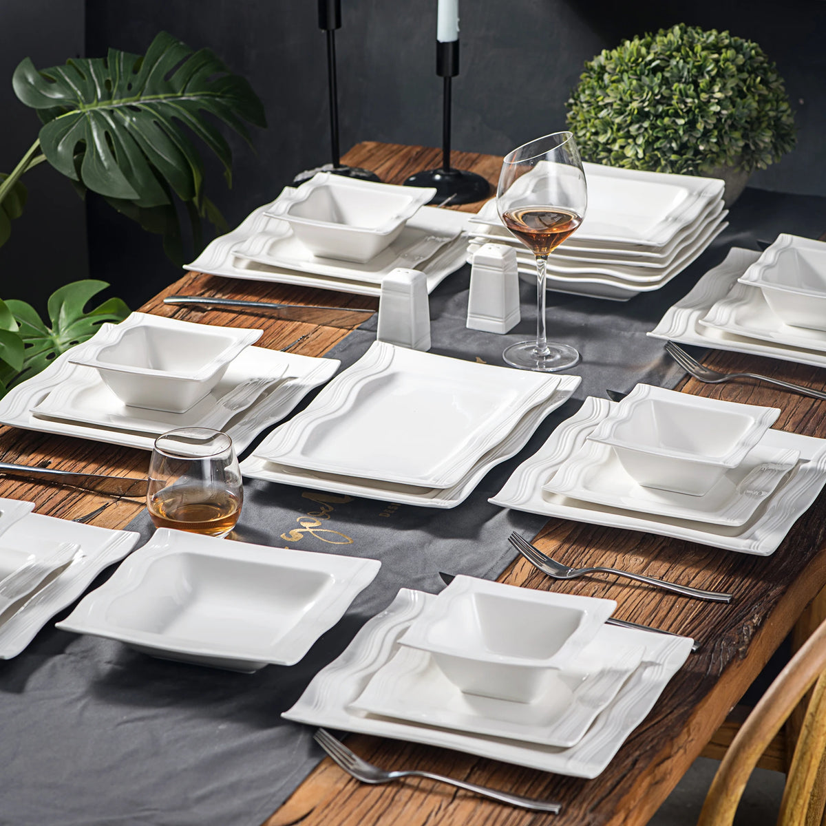 Square Dinnerware Sets 28 Piece White Porcelain Plates and Bowls Set Salt Pepper Pot Salad Pasta Bowls Dinner Set