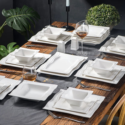 Square Dinnerware Sets 28 Piece White Porcelain Plates and Bowls Set Salt Pepper Pot Salad Pasta Bowls Dinner Set