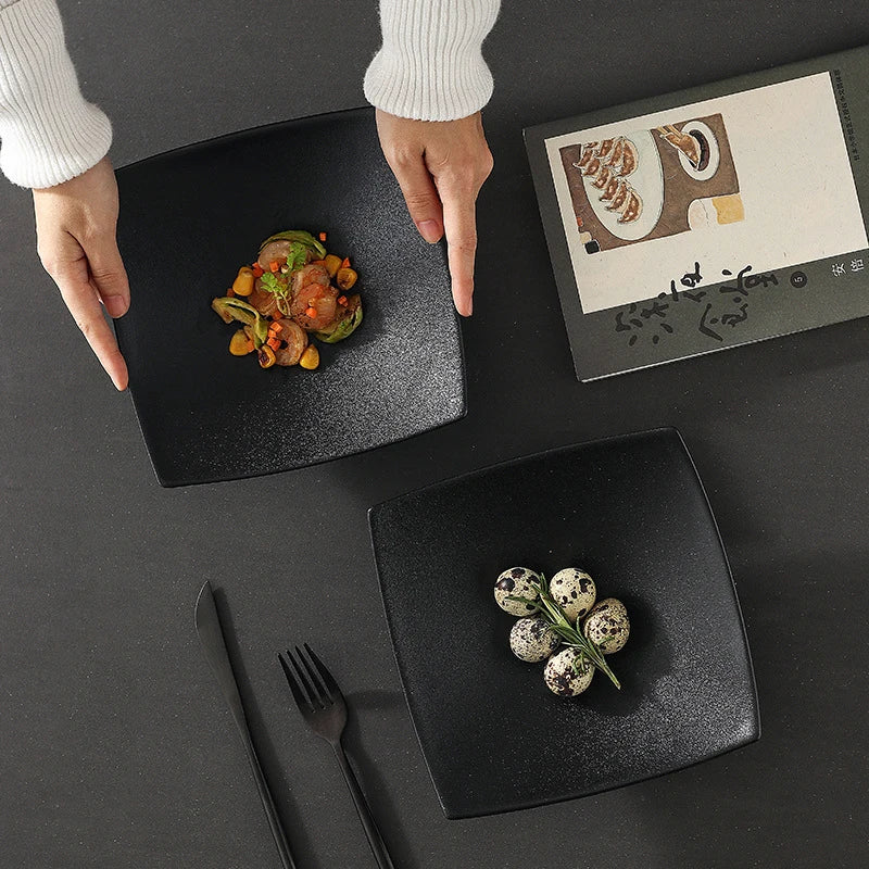 Matte Dinner Plates, Square Dishes, Black Ceramic Plate