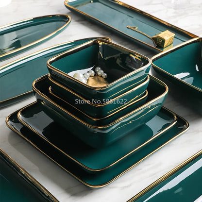 Tableware Green Ceramic gold Dinner Set