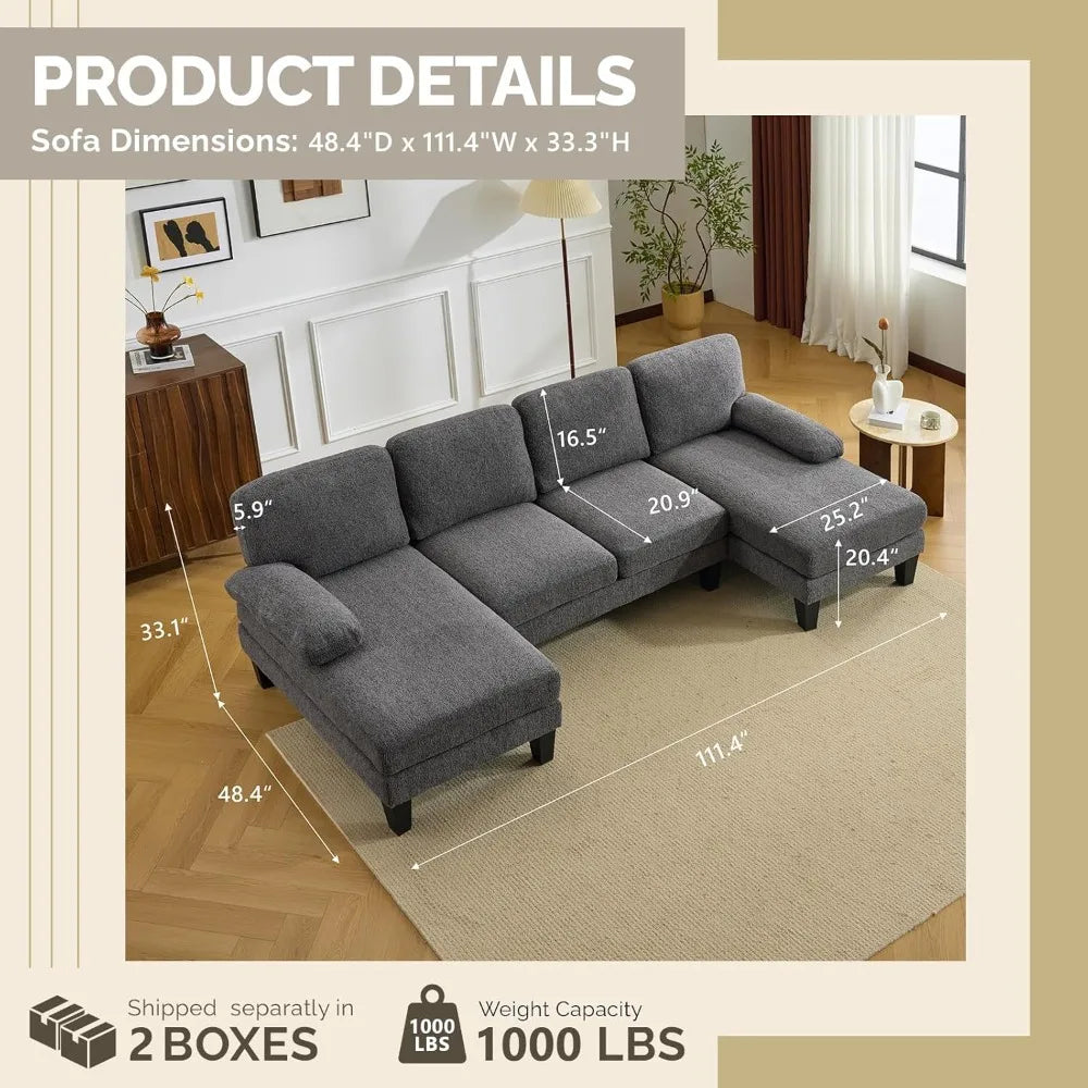 U-Shaped Sectional Sofa with Two Chaise, Chenille Fabric