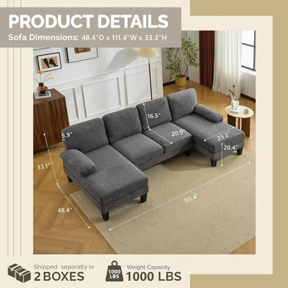 U-Shaped Sectional Sofa with Two Chaise, Chenille Fabric