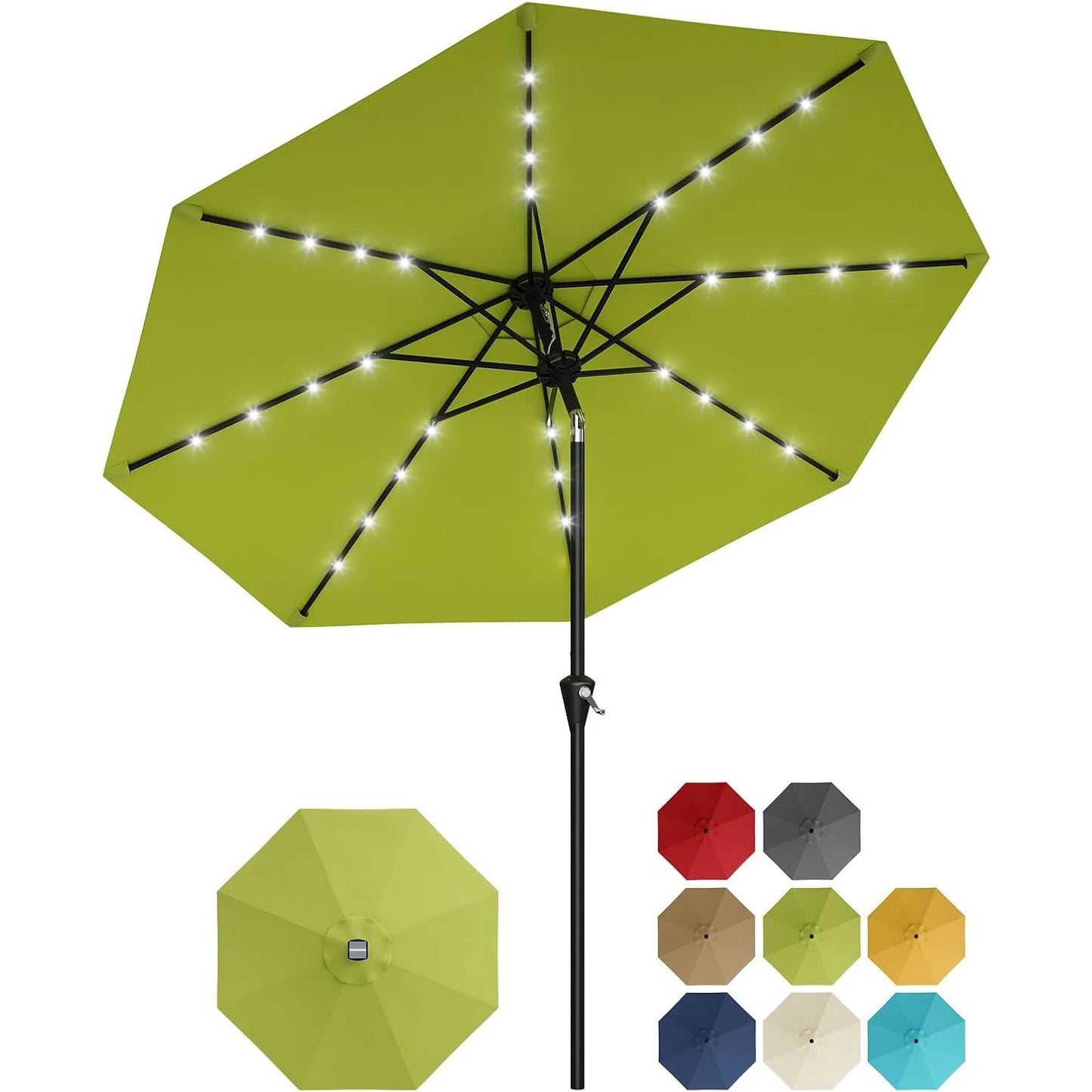 9FT Solar Patio Umbrella with 32 LED Lights - Outdoor Table Umbrella with Crank Lift, Push Button Tilt and 8 Sturdy Ribs