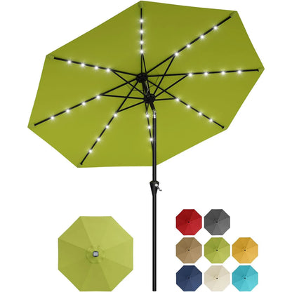 9FT Solar Patio Umbrella with 32 LED Lights - Outdoor Table Umbrella with Crank Lift, Push Button Tilt and 8 Sturdy Ribs