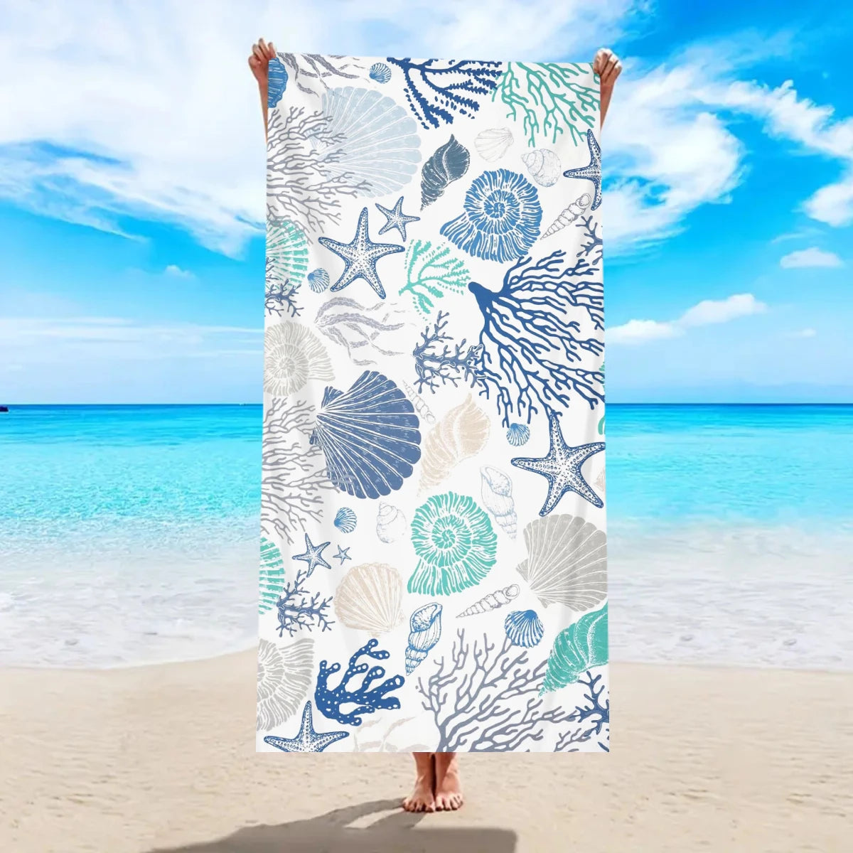 1pc ocean element beach towel, shell starfish printed large beach towel