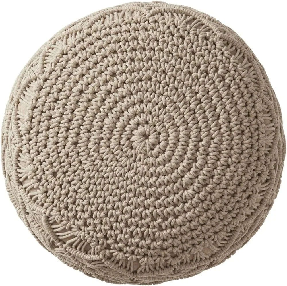 Hand Knitted Cotton Pouf Ottoman Foot Rest - Boho Round Stuffed for Living Room Bedroom Beige