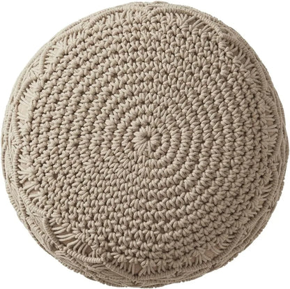Hand Knitted Cotton Pouf Ottoman Foot Rest - Boho Round Stuffed for Living Room Bedroom Beige
