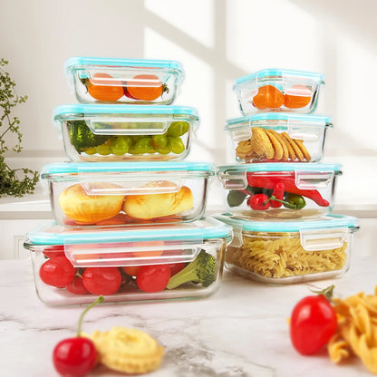 8pcs Glass Food Storage Containers Set Lunch Box Leakproof Airtight Microwave & Oven Safe