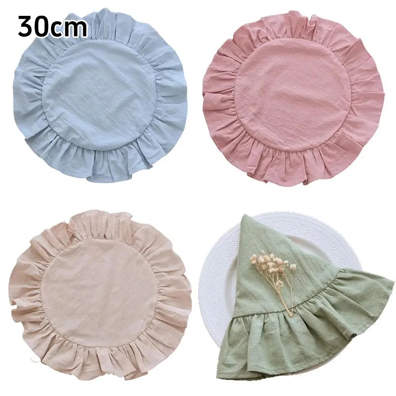 Retro Style Cotton Solid Color Circular Placemat with Ruffle Edge Decoration