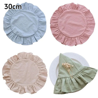 Retro Style Cotton Solid Color Circular Placemat with Ruffle Edge Decoration