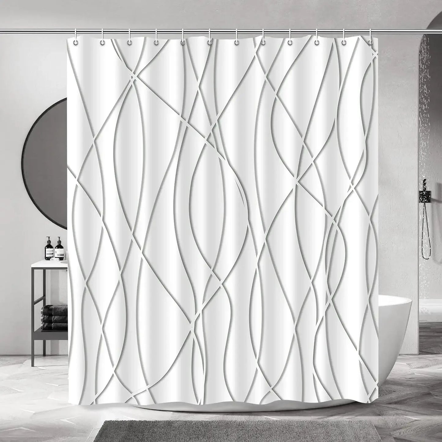 unframed Modern black and white striped corrugated fabric bathroom shower curtain.